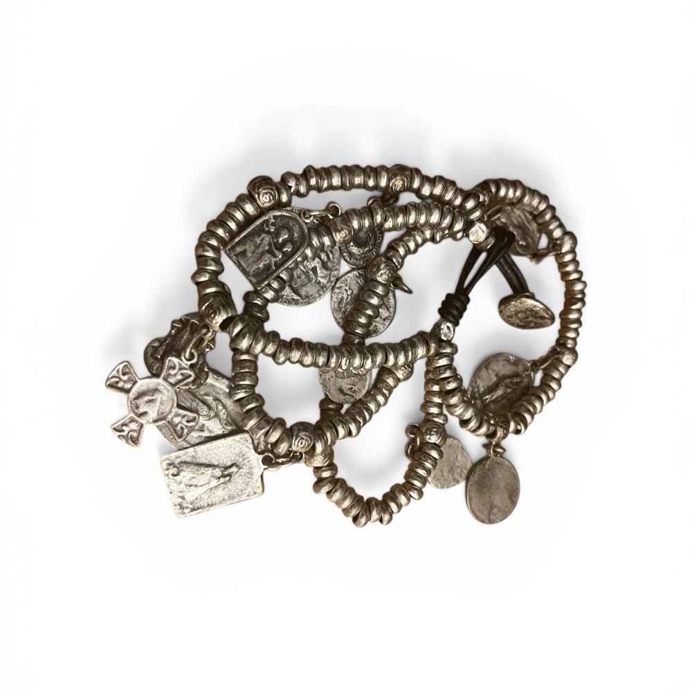 Sterling-Tone Charm Stretch Bracelet Stack - Silver